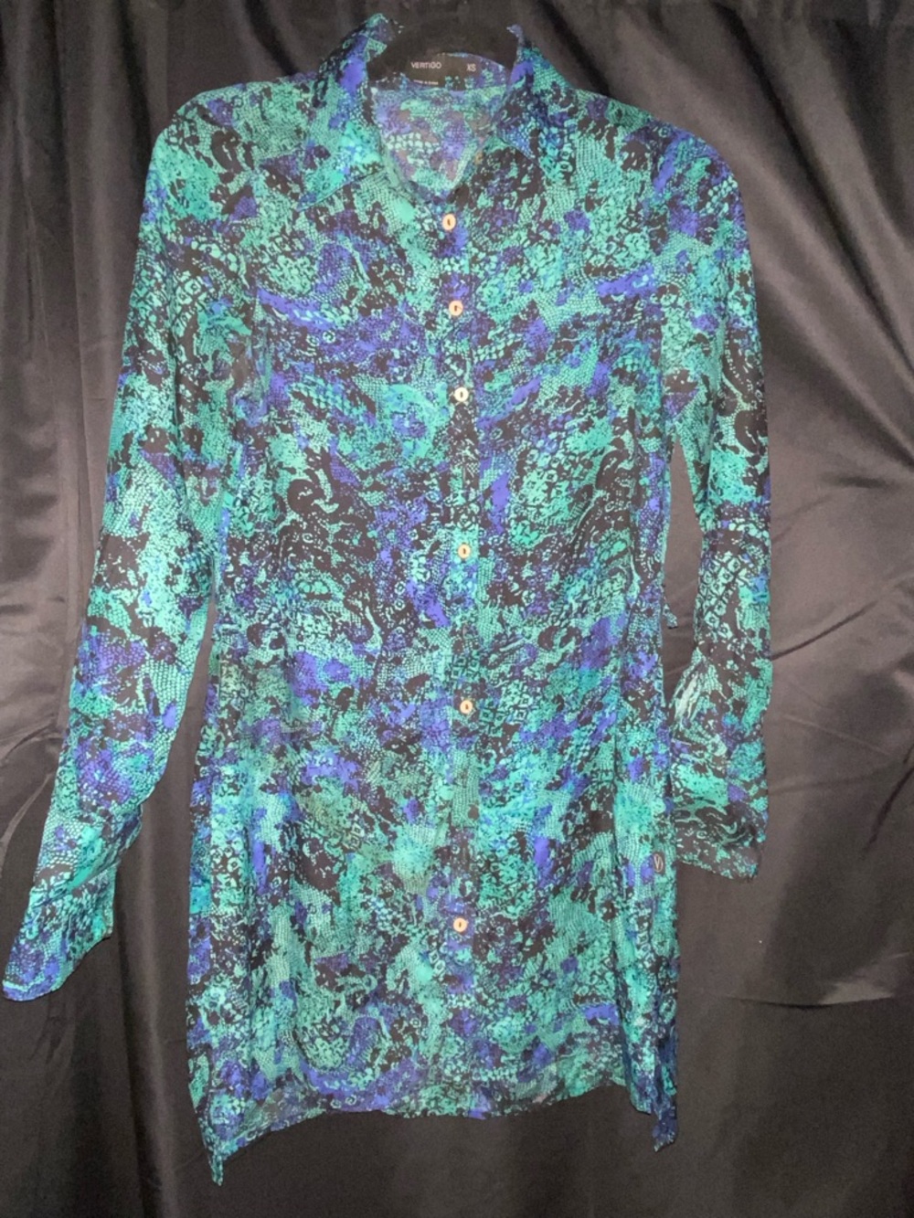 Long-Sleeve Button Tunic Dress in Teal & Blue Abstract Print
